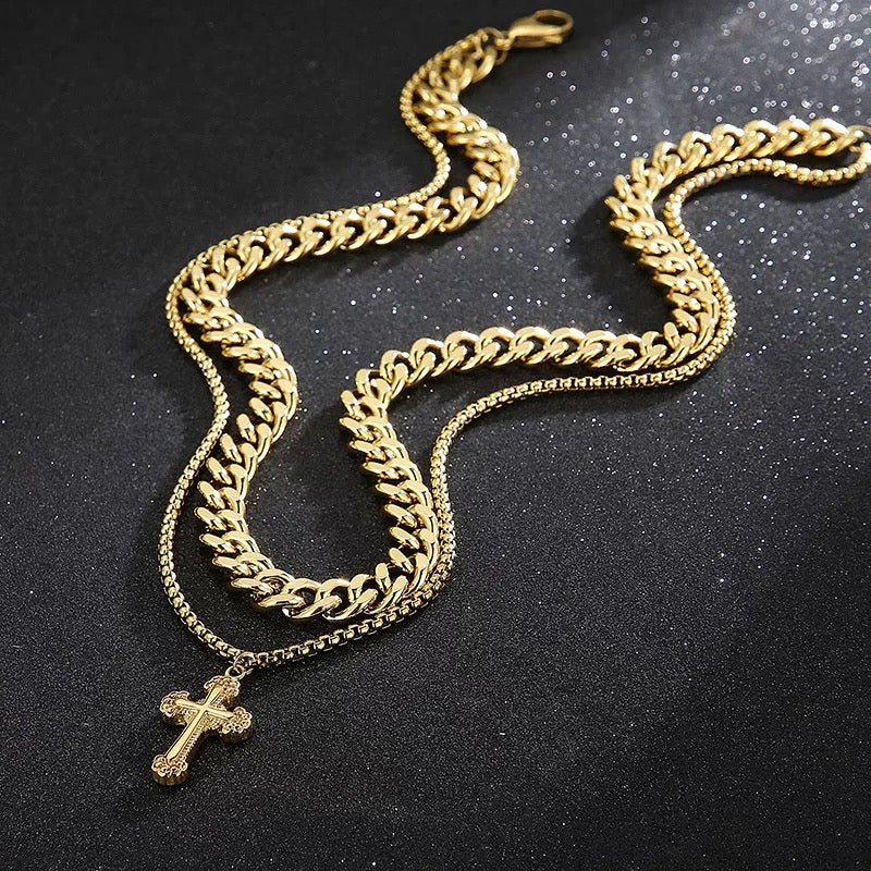 Retro Cross Pendant Double Layer Link Chain 316L Stainless Steel Necklace