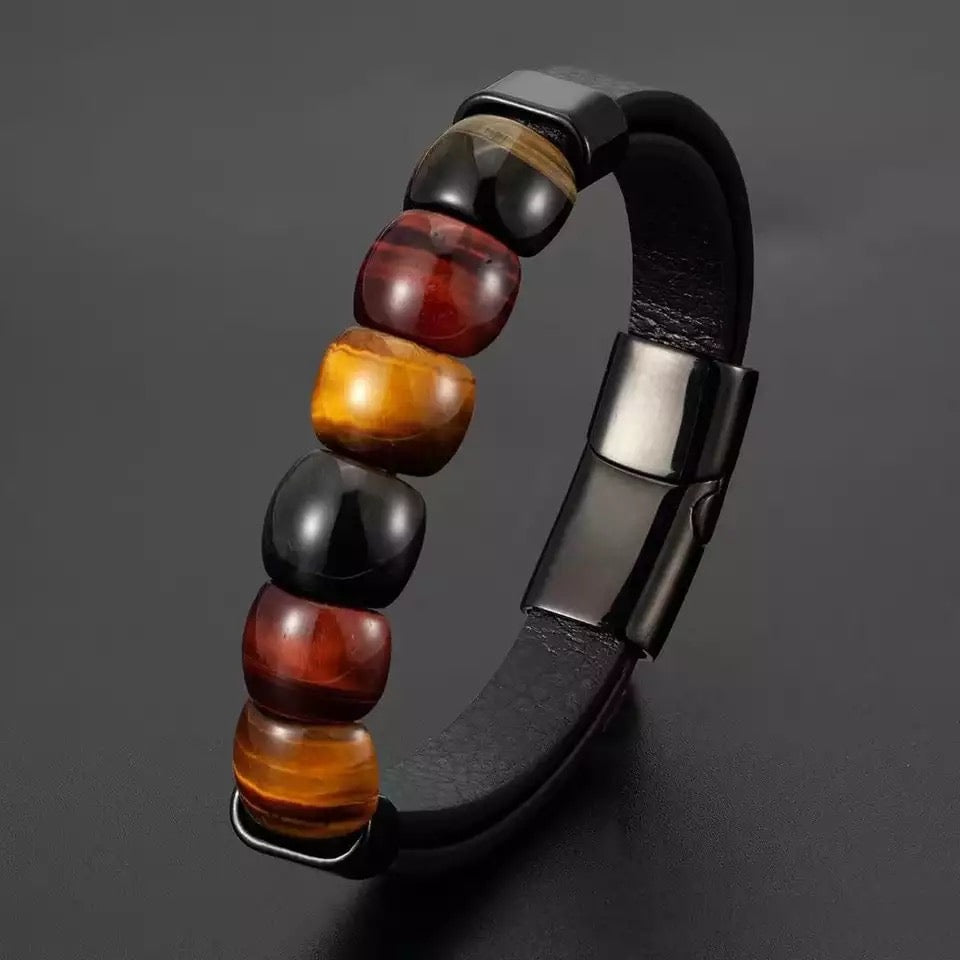 Natural Tiger-eye Stones Ring Face Leather Bracelet