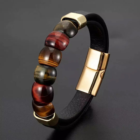 Natural Tiger-eye Stones Ring Face Leather Bracelet