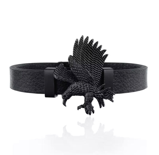 Adjustable Flying Eagle Leather and Steel Bracelet