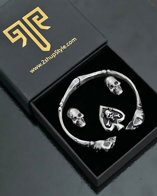 2shup Silver Skull Cufflinks, Ring and Bracelet Gift Set