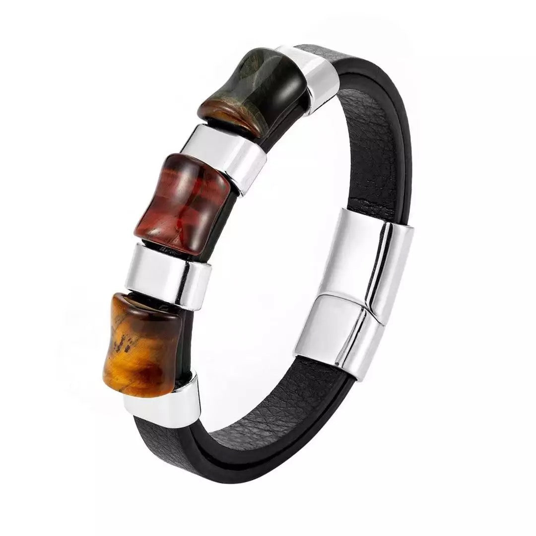 Square Natural Stones Leather and Steel Bracelet