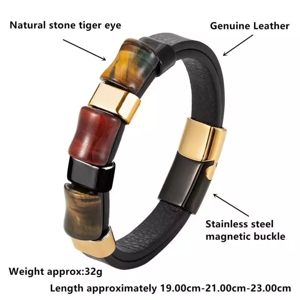 Square Natural Stones Leather and Steel Bracelet