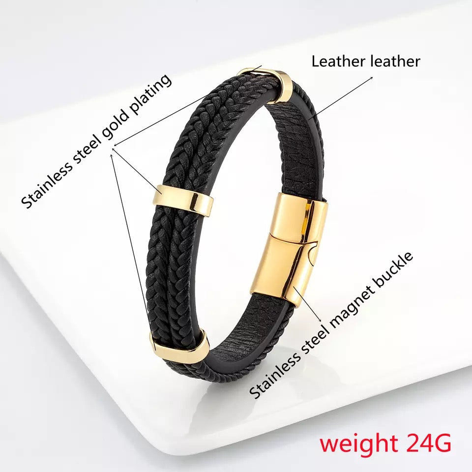 2-Strap Braided Leather and Steel Bracelet