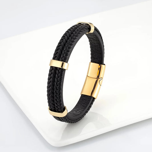 2-Strap Braided Leather and Steel Bracelet